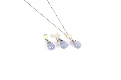 Lot 690 - A chalcedony, moonstone and diamond pendant and earrings