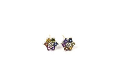 Lot 691 - A pair of diamond and rainbow coloured topaz earrings