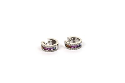 Lot 695 - A pair of rainbow coloured sapphire and diamond earrings