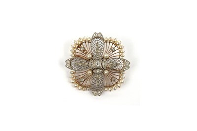 Lot 807 - A fine Edwardian diamond, seed pearl, gold and platinum brooch