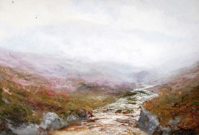 Lot 1639 - John Falconar Slater - Misty Highland with Heather and Stream | gouache