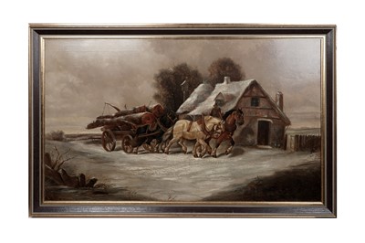 Lot 1151 - Robert Cleminson - Horses Pulling a Log Cart in a Winter Landscape | oil