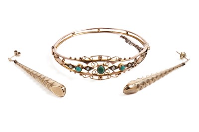 Lot 820 - An Edwardian turquoise and seed pearl bangle; and a pair of gold drop earrings