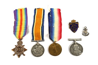 Lot 8 - ﻿Three First World War medals awarded to Pte. J. Gledson; and other medals and badges