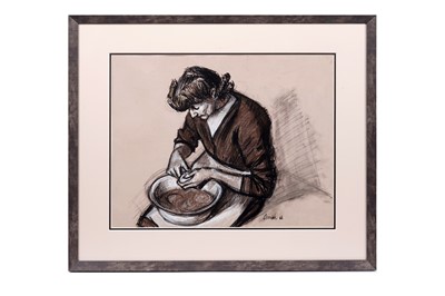 Lot 1049 - Norman Stansfield Cornish - Sarah Peeling Potatoes | charcoal and pastel