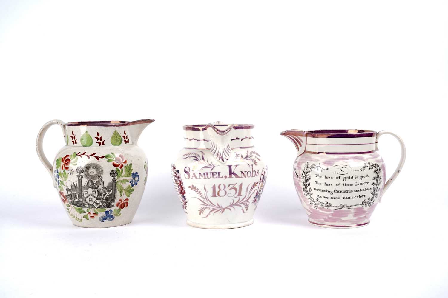 Lot 947 - A bone China commemorative jug, A Creamware Jug and a Pearlware jug.