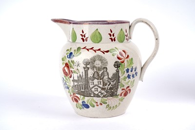 Lot 947 - A bone China commemorative jug, A Creamware Jug and a Pearlware jug.