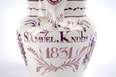 Lot 947 - A bone China commemorative jug, A Creamware Jug and a Pearlware jug.