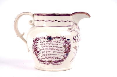 Lot 947 - A bone China commemorative jug, A Creamware Jug and a Pearlware jug.