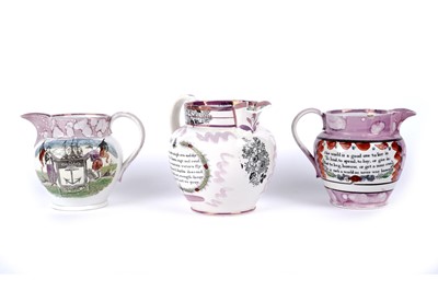 Lot 957 - Three 19th Century pearlware jugs with pink lustre decoration