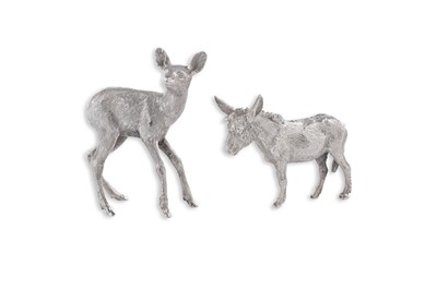 Lot 445 - An Elizabeth II cast silver miniature figure of a donkey; and a cast miniature figure of a fawn