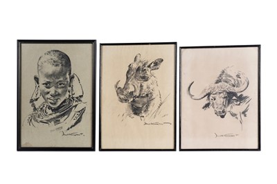 Lot 156 - Donald Grant - "Wart Hog", "Buffalo" and "Maasii Woman" | drawings