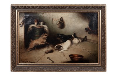 Lot 1174 - George Armfield - Three Terriers in a Farmhouse |oil