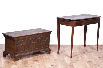 Lot 107 - A Georgian style carved oak coffer; and a late Georgian inlaid mahogany tea table