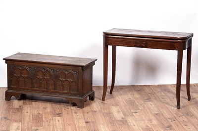 Lot 107 - A Georgian style carved oak coffer; and a late Georgian inlaid mahogany tea table