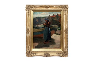 Lot 1114 - John William Gilroy - A Fisherwoman takes a moment to knit | oil