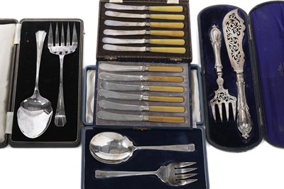 Lot 1118 - A Victorian silver fish serving knife and fork; and other plated servers and tea knives