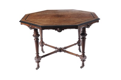 Lot 1447 - A Victorian Burr walnut octagonal centre table; and four similar Victorian walnut dining chairs