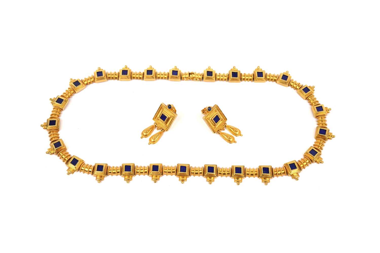 Lot 819 - A lapis lazuli and yellow gold necklace and earrings