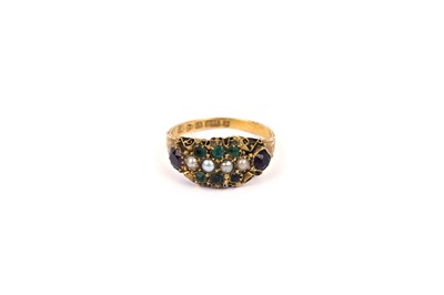 Lot 820 - A Victorian seed pearl, emerald and ruby ring