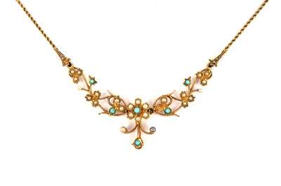 Lot 821 - An Edwardian seed pearl and turquoise necklet