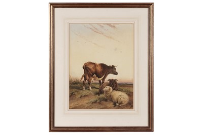 Lot 96 - Frederick E. Valter - Cow and sheep at sunset | watercolour