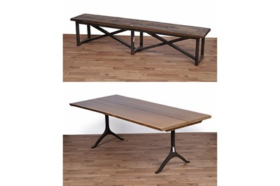 Lot 17 - An industrial style oak dining table and bench