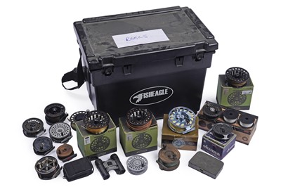 Lot 1790 - A fishing tackle box containing a selection of mostly fly-fishing reels and spools