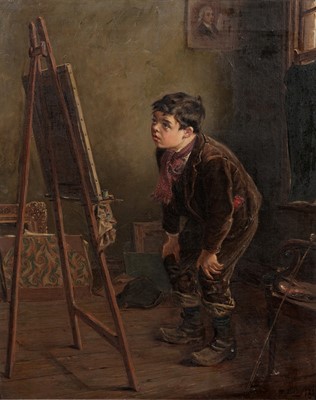 Lot 1127 - Ralph Hedley - Boy Looking at a Painting on an Easel | oil