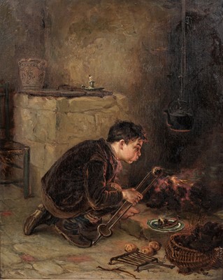 Lot 1129 - Ralph Hedley - Boy Taking a Potato From the Fire | oil