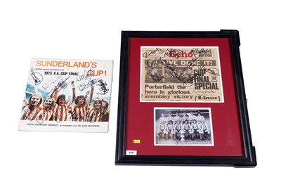 Lot 215 - ﻿A framed and signed 1973 FA Cup Final Sunderland Echo; and a signed FA Cup Final vinyl record