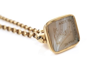 Lot 754 - A Victorian banded agate intaglio fob seal pendant necklace