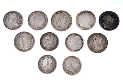 Lot 1232 - A selection of shillings; and a George III eighteenpence bank token