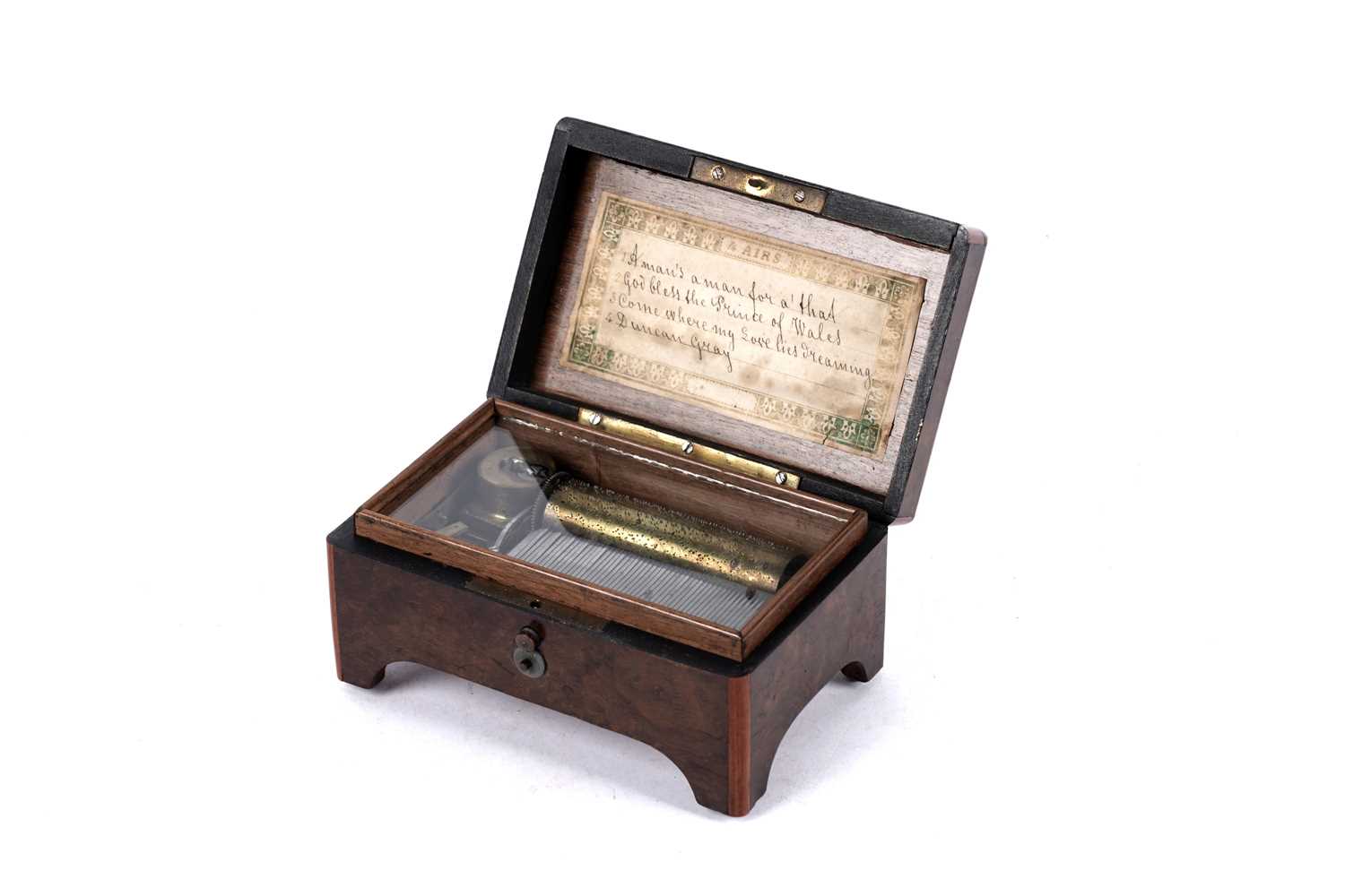 Lot 1247 - A miniature Victorian inlaid burr maple cylinder music box