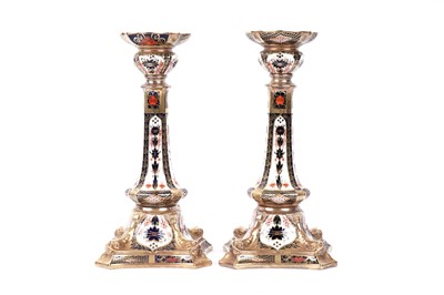 Lot 459 - A pair of Royal Crown Derby 'Old Imari' candlesticks