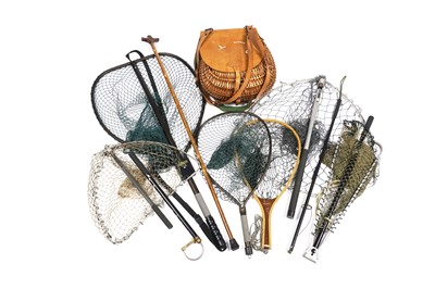 Lot 1868 - A wicker fishing creel; and a collection of landing nets and gaffs