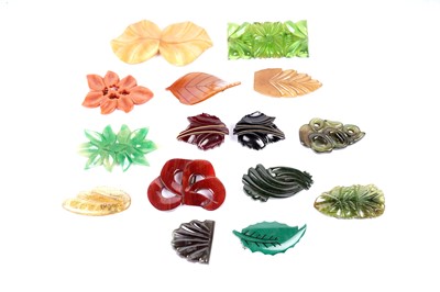 Lot 1529 - 1930s Art Deco botanical celluloid dress clips and brooches