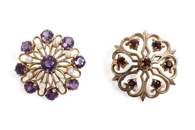 Lot 871 - An amethyst and cultured pearl brooch; and a garnet brooch