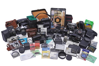 Lot 239 - A selection of film cameras and photographic accessories