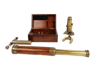 Lot 72 - A 19th Century lacquered brass microscope, by R. Wasserlein, Berlin; and other items