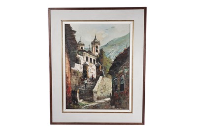 Lot 236 - Durval Pereira - Village scene with a church | oil on canvas