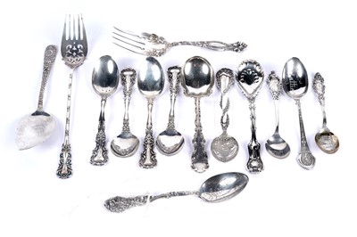 Lot 1116 - A selection of mainly American interest silver teaspoons; and other flatware