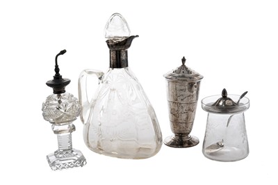 Lot 1050 - A George V/VI sugar caster; and three silver mounted cut-glass items