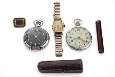 Lot 109 - A Jaeger-LeCoultre steel cased military pocket watch; and other watches and jewellery