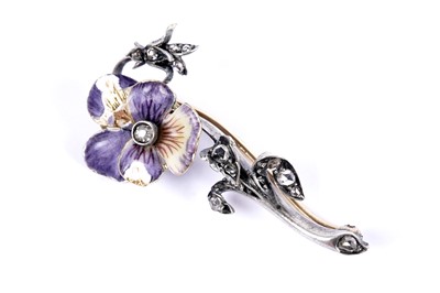 Lot 105 - A diamond and enamel set silver fronted pansy pattern brooch