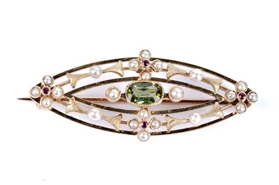 Lot 18 - A late Victorian peridot, ruby and seed pearl brooch