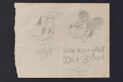 Lot 722 - Attributed to Walt Disney Studios: a signed and inscribed sketch of Donald Duck and Mickey Mouse