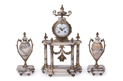 Lot 211 - A 19th Century French Louis XVI style marble and gilt mounted three-piece clock garniture