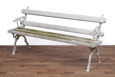 Lot 163 - A Coalbrookdale style white painted cast metal and wood garden bench