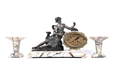 Lot 229 - A French Art Deco clock garniture; and a pair of matching onyx garnitures